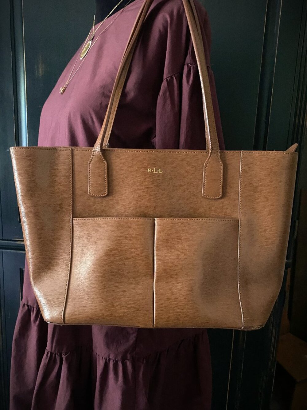 LAUREN RALPH LAUREN - Brown Leather Tote Shoulder Bag Faux Leather Medium Purse